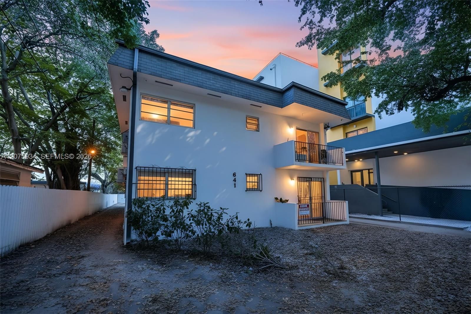 Building facade at dusk