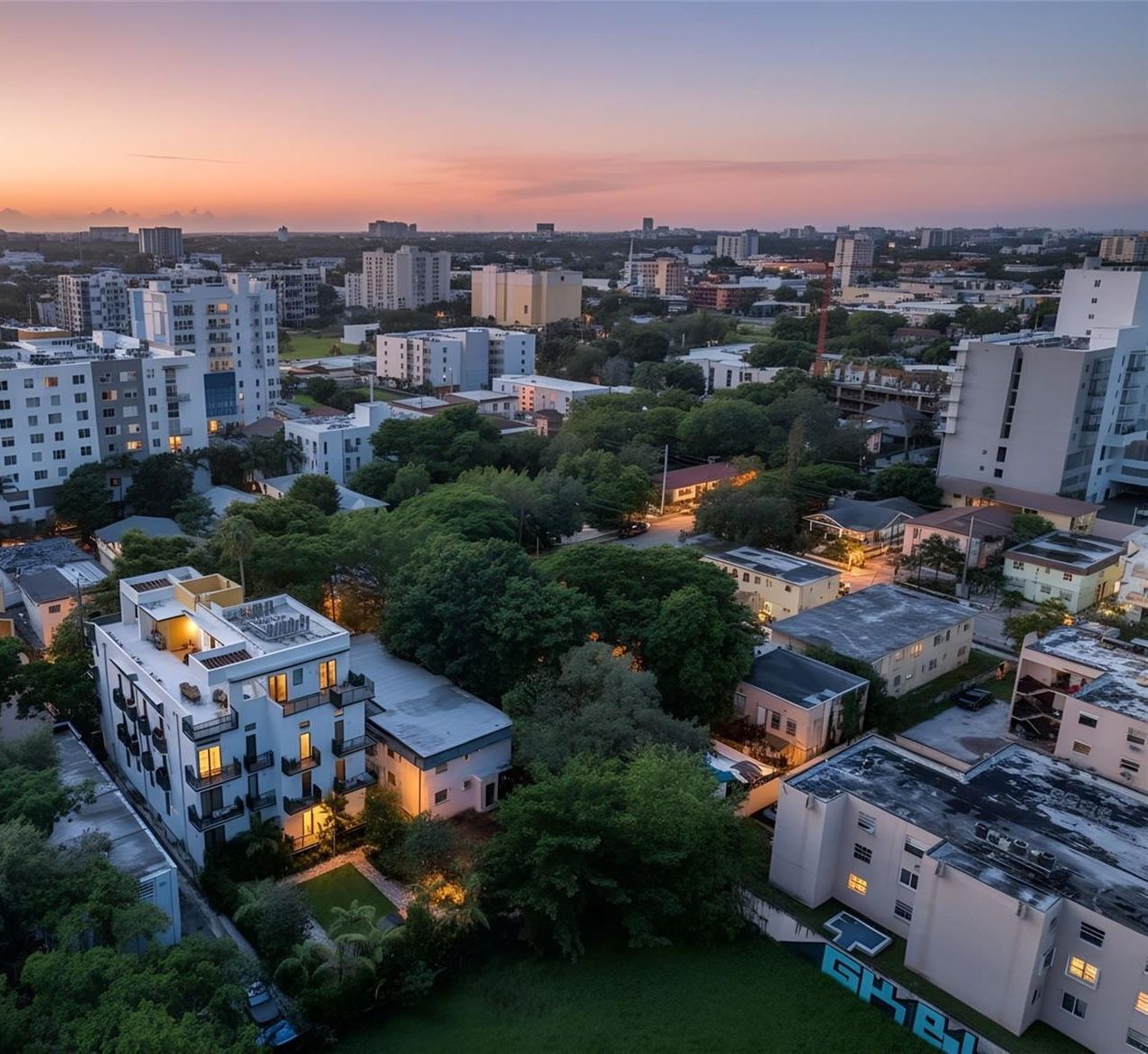 Aerial view of 641 NW 2nd Street at sunset with the Miami skyline